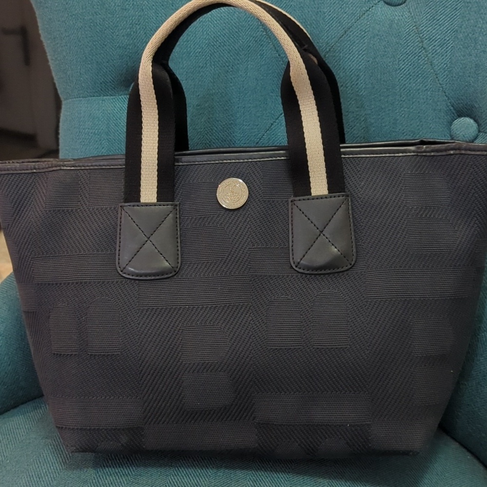 Black Bally canvas tote with black and white canvas handles